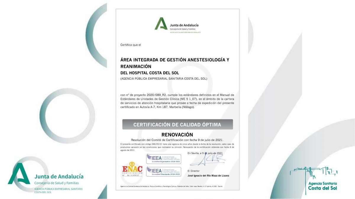 El Hospital Costa del Sol obtiene una nueva distinción - NOTA DE PRENSA IMAGEN CERTIFICACION OPTIMO ANESTESIOLOGIA HCS El Hospital Costa del Sol obtiene una nueva distinción - NOTA DE PRENSA IMAGEN CERTIFICACION OPTIMO ANESTESIOLOGIA HCS